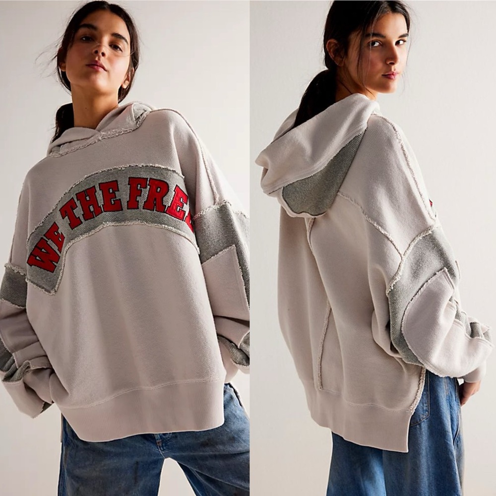 Free People Oversized Hooded Sweatshirt in Light Beige with Red Lettering